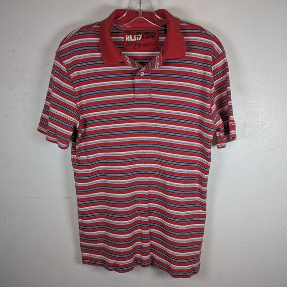 VINTAGE POLO JEANS Company Shirt Ralph Lauren Mens Large Blue / Red Striped Y2K - Picture 1 of 9